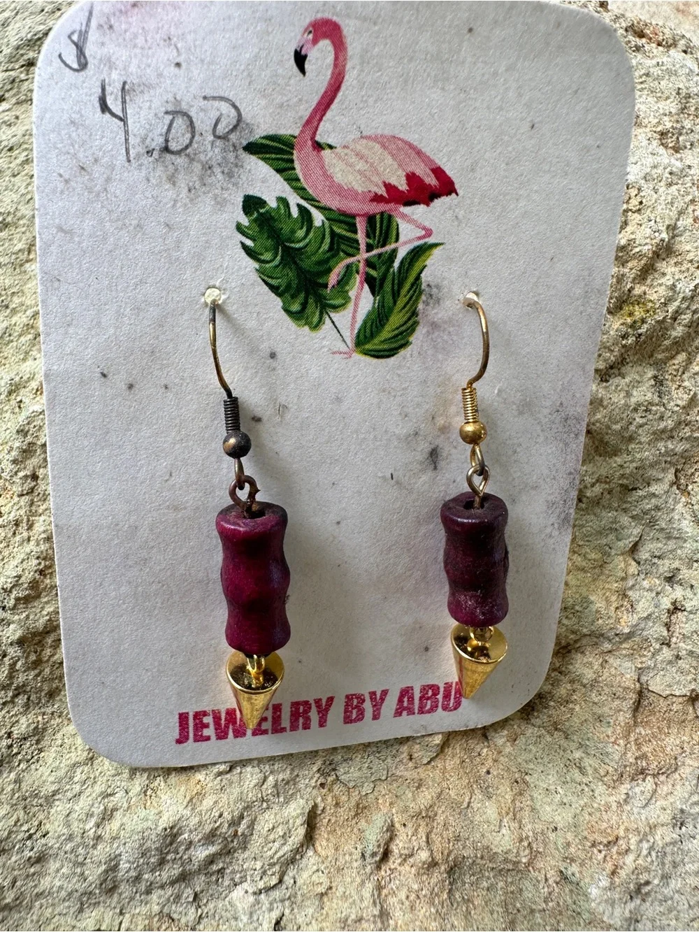 Burgundy Wooden Bead & Gold Spike Drop Earrings